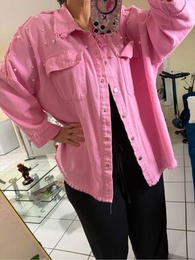 SHEIN Pink Pearl-Embellished Oversized Denim Jacket